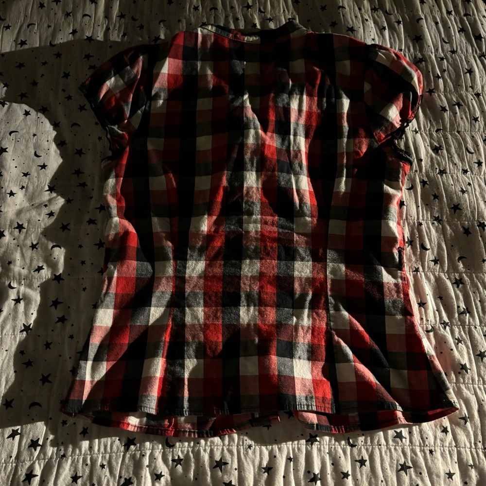 Celine red and black plaid blouse with ruffles. Size M. - Picture 6 of 7